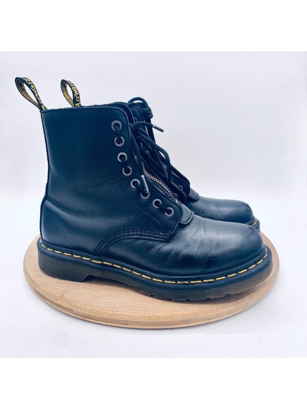 Dr Martens Combat Boots Womens 7 Black Leather Lace Up Ankle Grunge Front Zipper